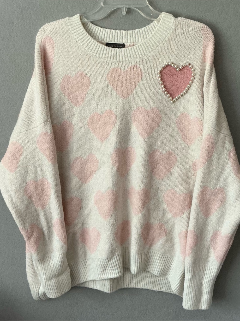 Vince Camuto Heart Sweater XL Cream Pink Knit Pearl Embellished Pullover Cozy